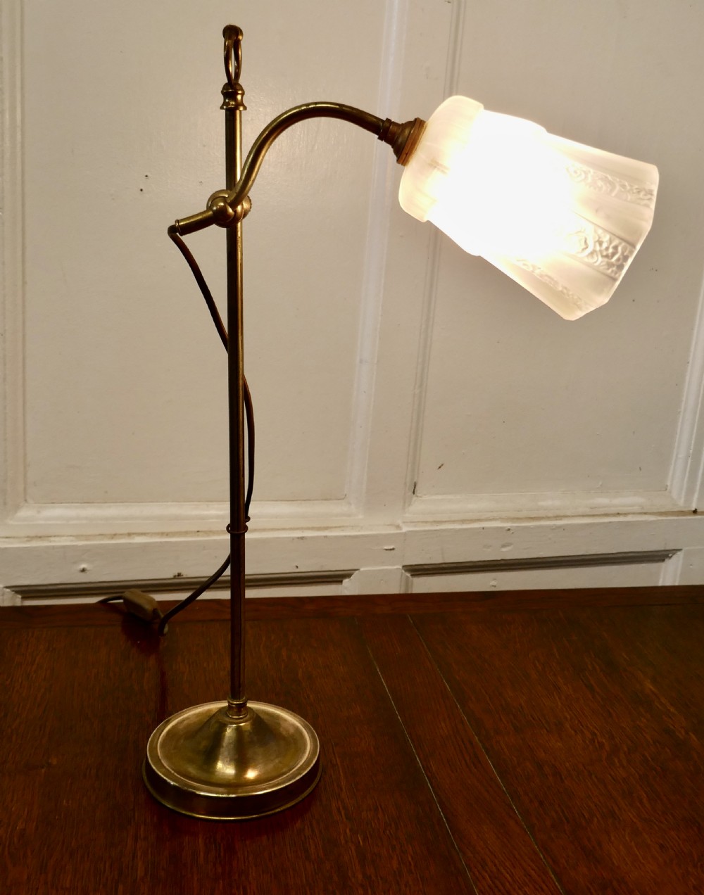French Brass Desk Lamp with Opaline Glass Shade View III