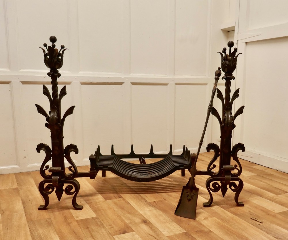 Large French Inglenook Fire Grate on Andirons