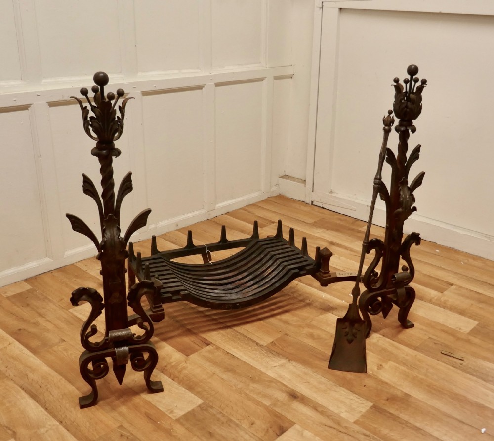 Large French Inglenook Fire Grate on Andirons View II
