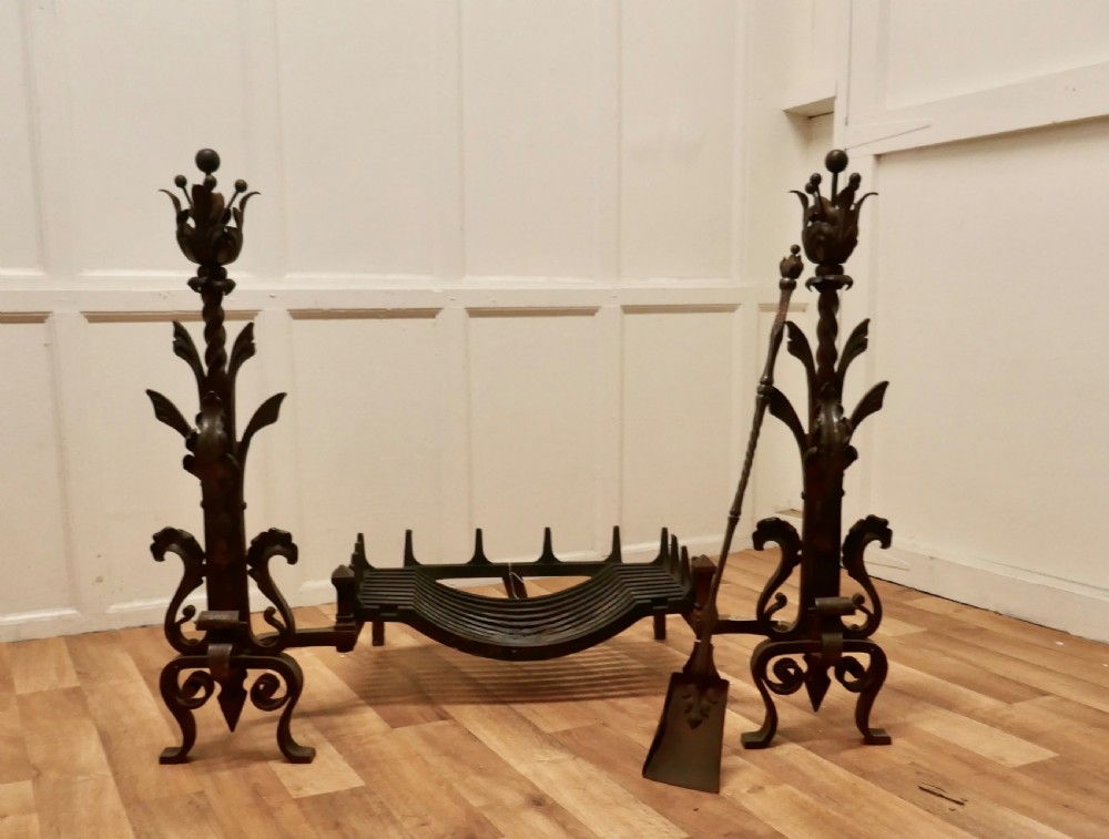 Large French Inglenook Fire Grate on Andirons View III