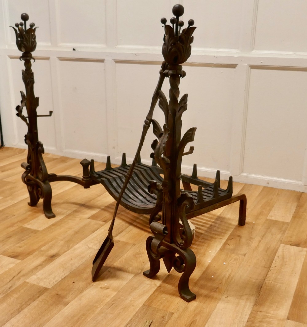 Large French Inglenook Fire Grate on Andirons View IV