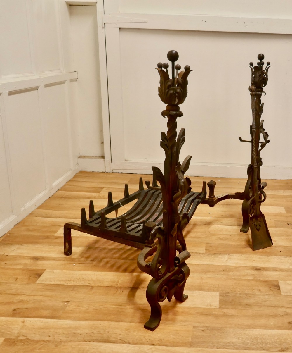 Large French Inglenook Fire Grate on Andirons View VII
