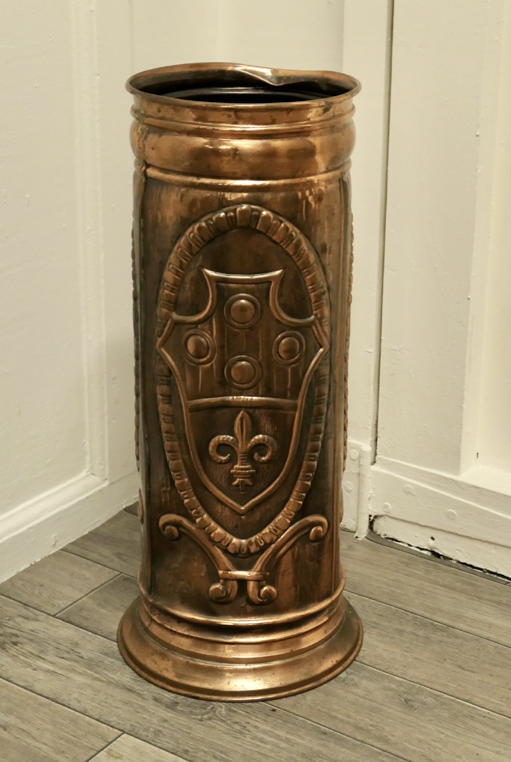 French Arts and Crafts Embossed Copper Stick Stand, Umbrella Stand