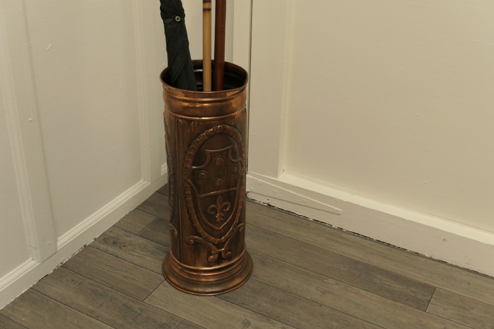 French Arts and Crafts Embossed Copper Stick Stand, Umbrella Stand View V
