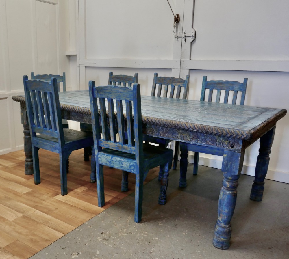 Large Carved Folk Art Painted Table and 6 Chairs 