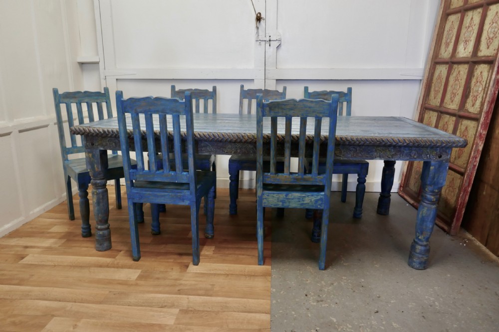 Large Carved Folk Art Painted Table and 6 Chairs  View II