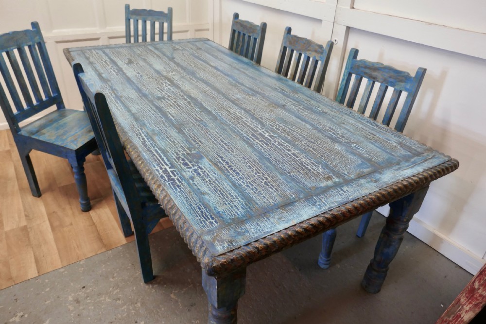 Large Carved Folk Art Painted Table and 6 Chairs  View III