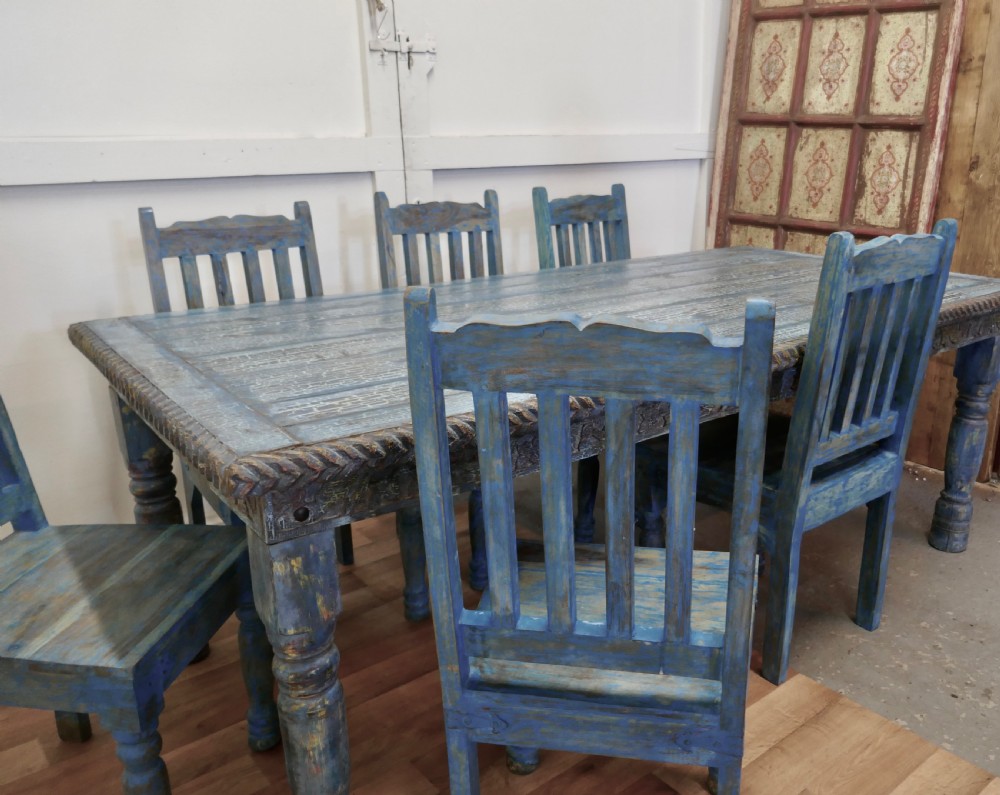 Large Carved Folk Art Painted Table and 6 Chairs  View V