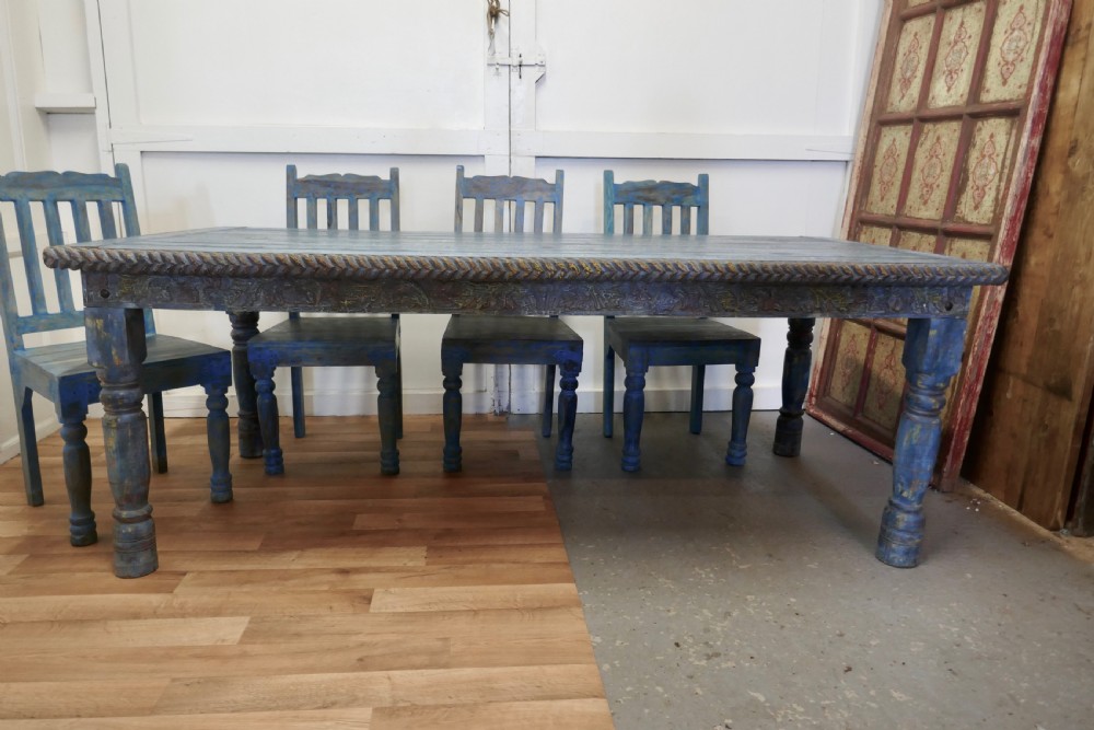 Large Carved Folk Art Painted Table and 6 Chairs  View VII