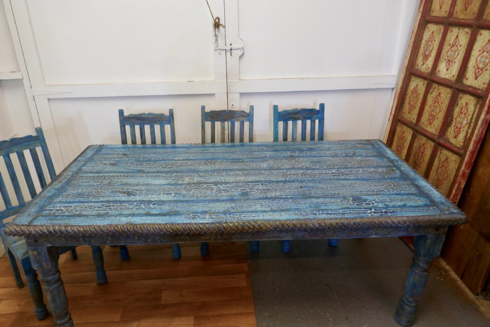 Large Carved Folk Art Painted Table and 6 Chairs  View VIII