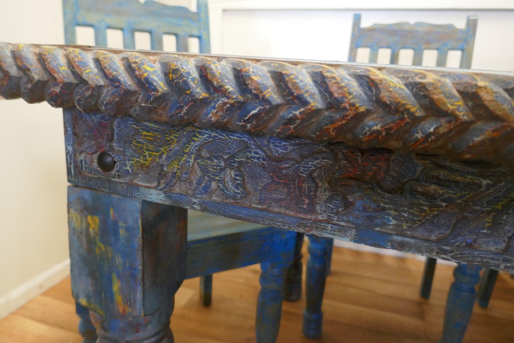 Large Carved Folk Art Painted Table and 6 Chairs  View XI