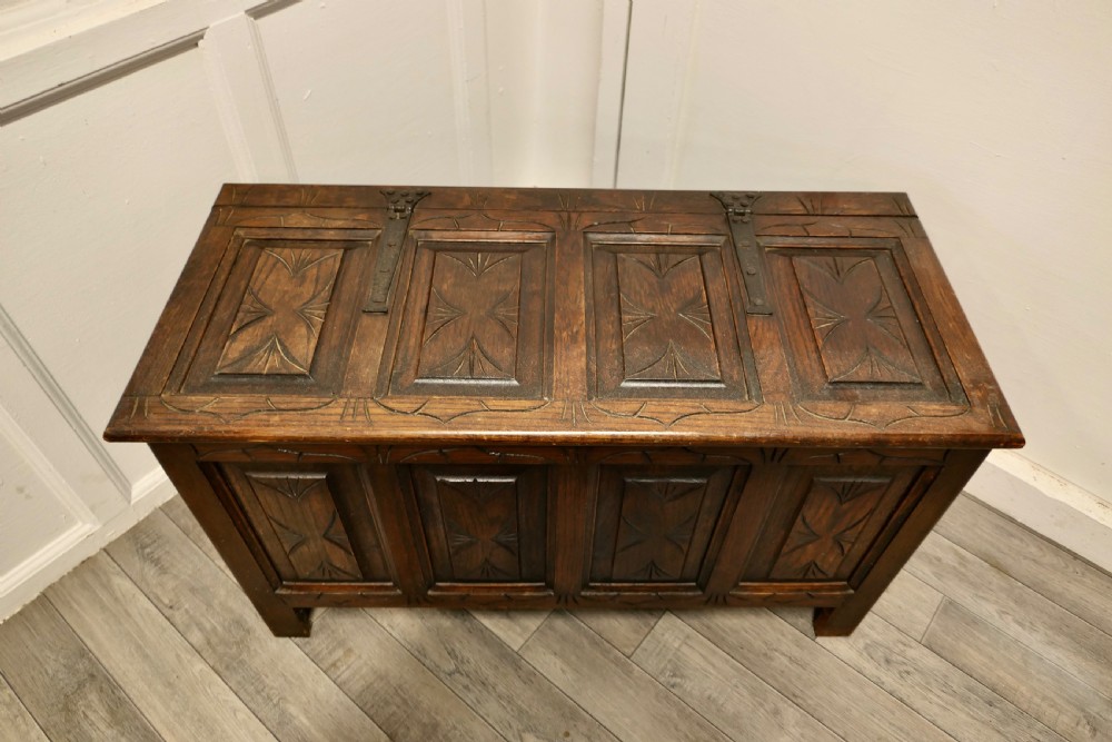  Arts and Crafts Gothic Carved Panelled Oak Coffer  View II