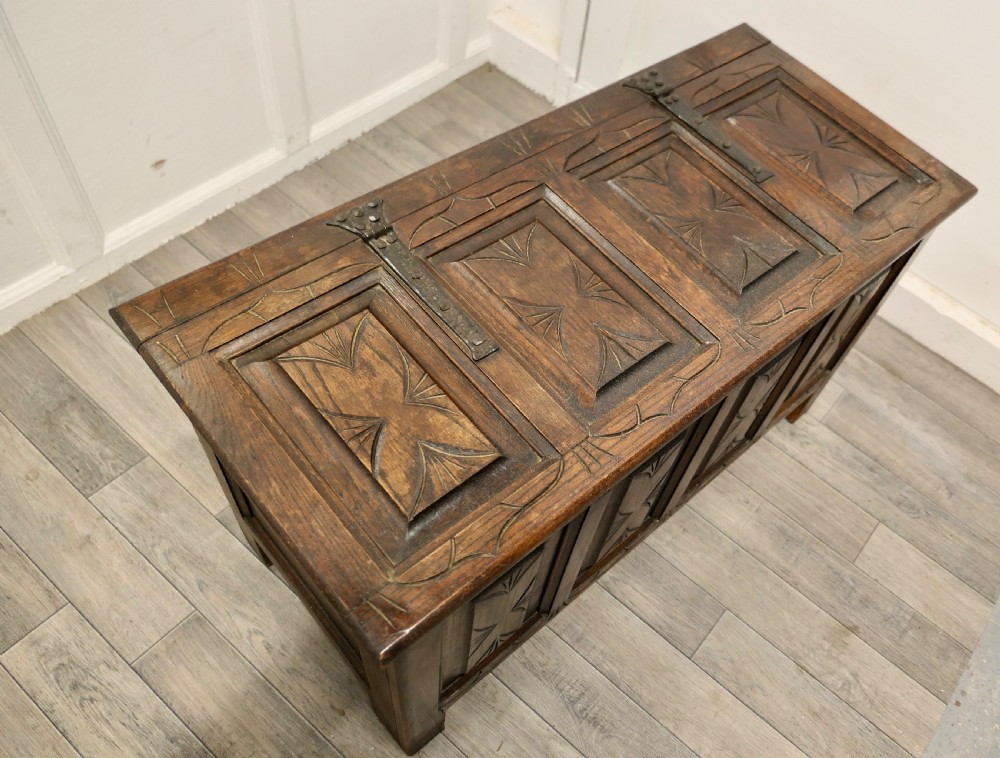 Arts and Crafts Gothic Carved Panelled Oak Coffer  View III