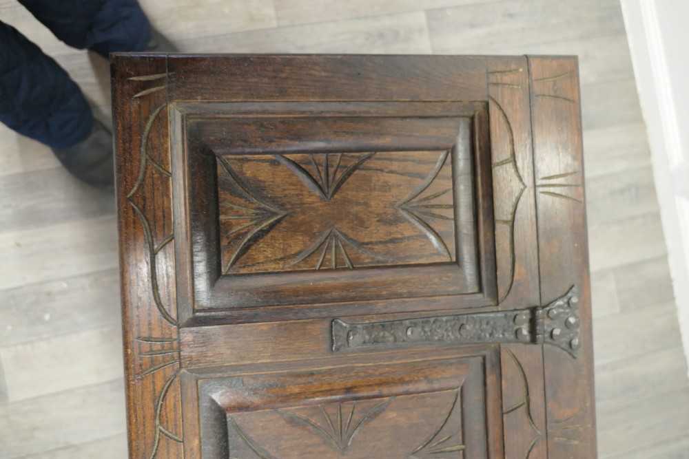  Arts and Crafts Gothic Carved Panelled Oak Coffer  View IV