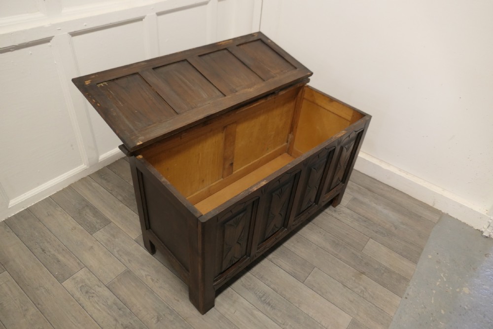  Arts and Crafts Gothic Carved Panelled Oak Coffer  View V