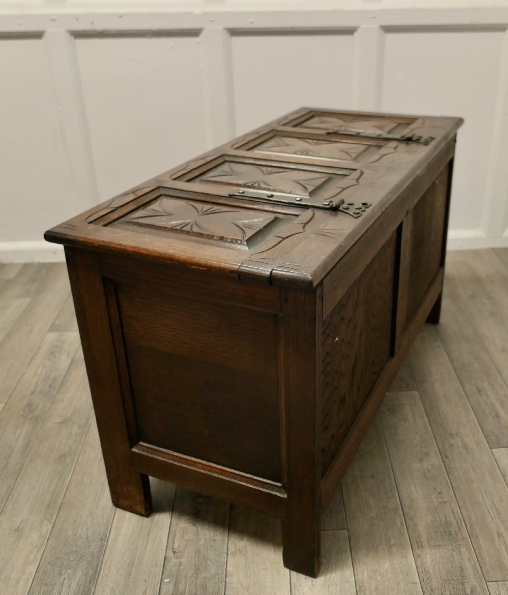  Arts and Crafts Gothic Carved Panelled Oak Coffer  View VI