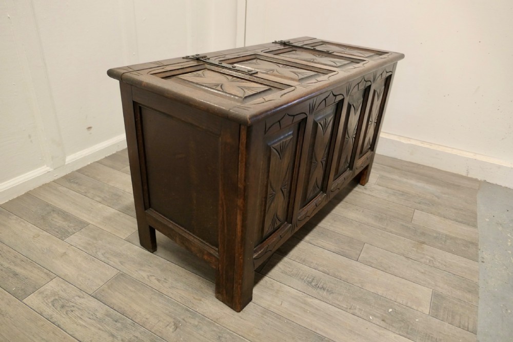  Arts and Crafts Gothic Carved Panelled Oak Coffer  View VII