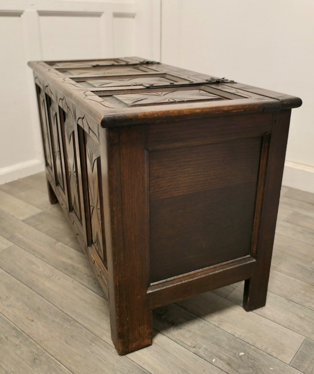  Arts and Crafts Gothic Carved Panelled Oak Coffer  View VIII