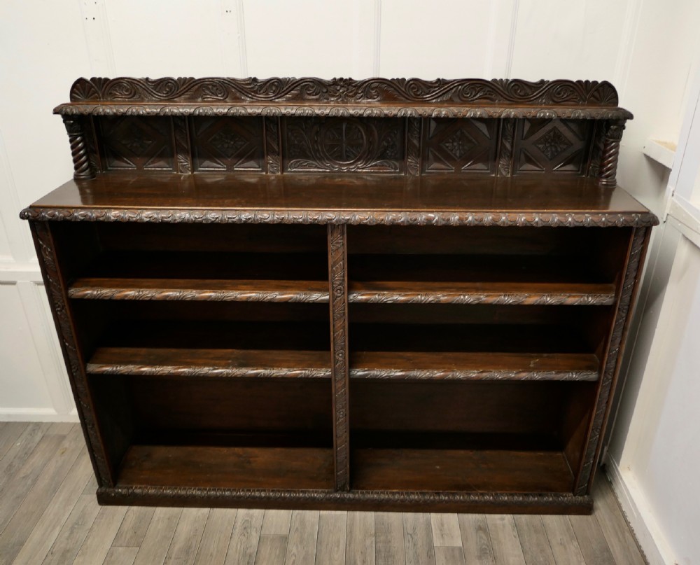 Long Carved Arts and Crafts Gothic Oak Open Book Case