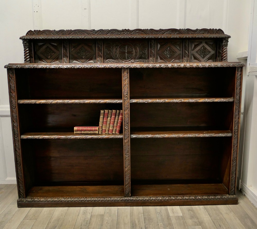 Long Carved Arts and Crafts Gothic Oak Open Book Case View II