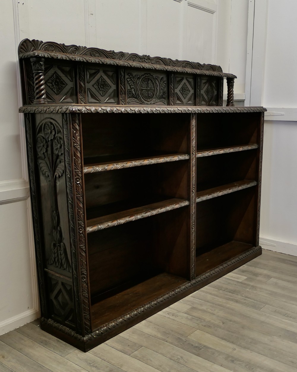 Long Carved Arts and Crafts Gothic Oak Open Book Case View III