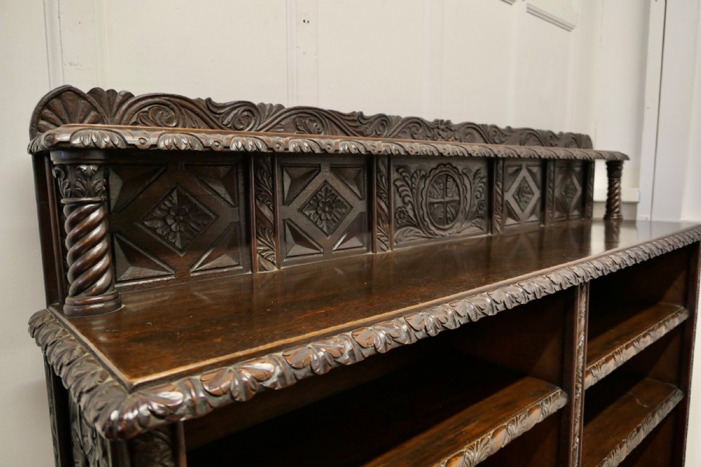 Long Carved Arts and Crafts Gothic Oak Open Book Case View IV