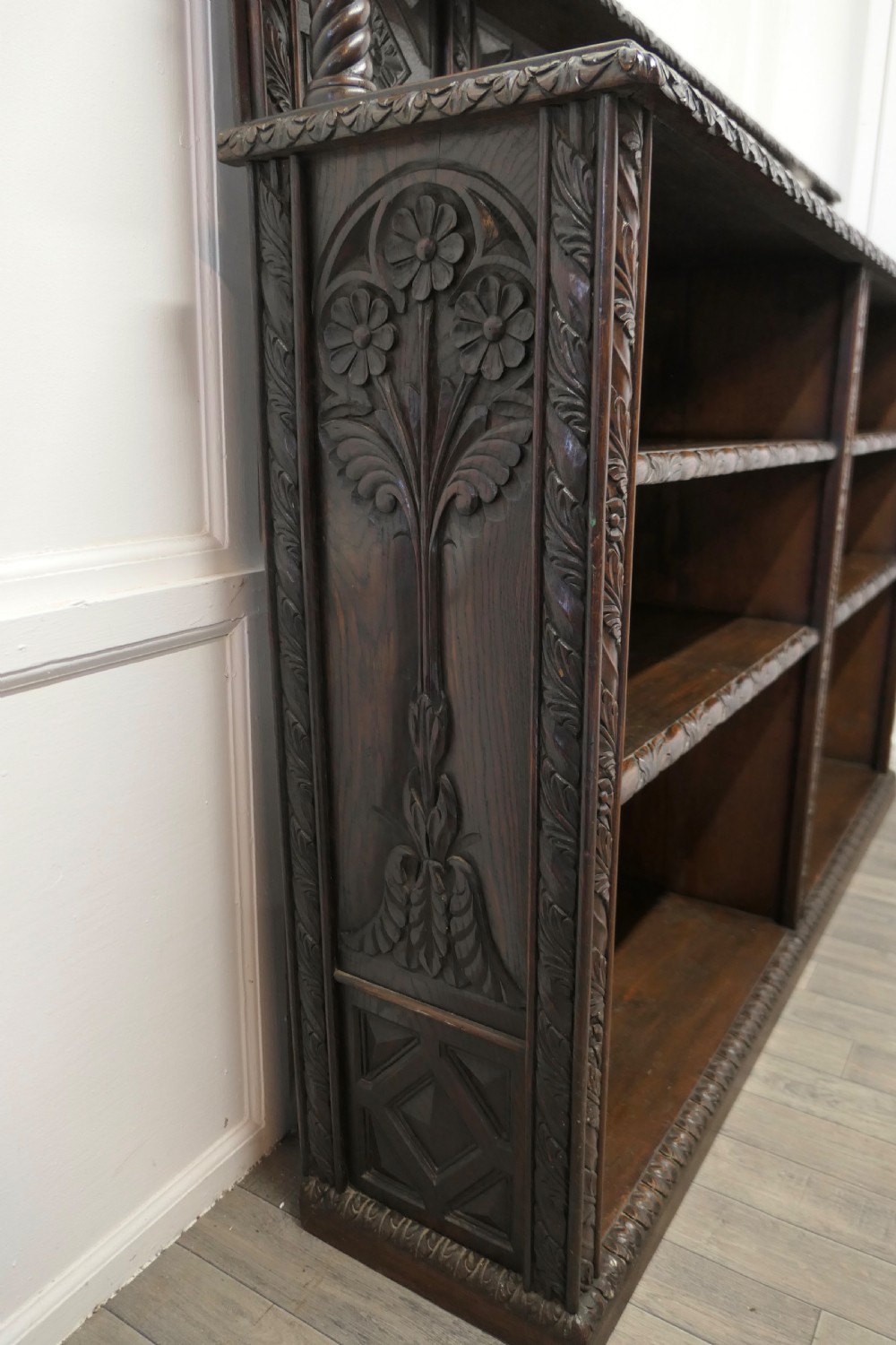 Long Carved Arts and Crafts Gothic Oak Open Book Case View V
