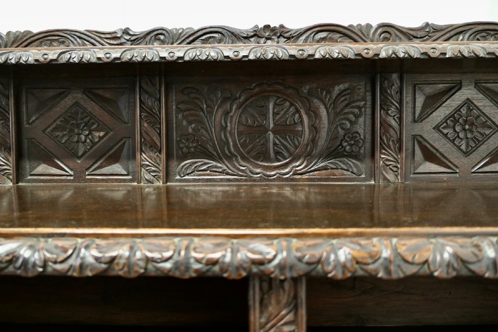 Long Carved Arts and Crafts Gothic Oak Open Book Case View VI