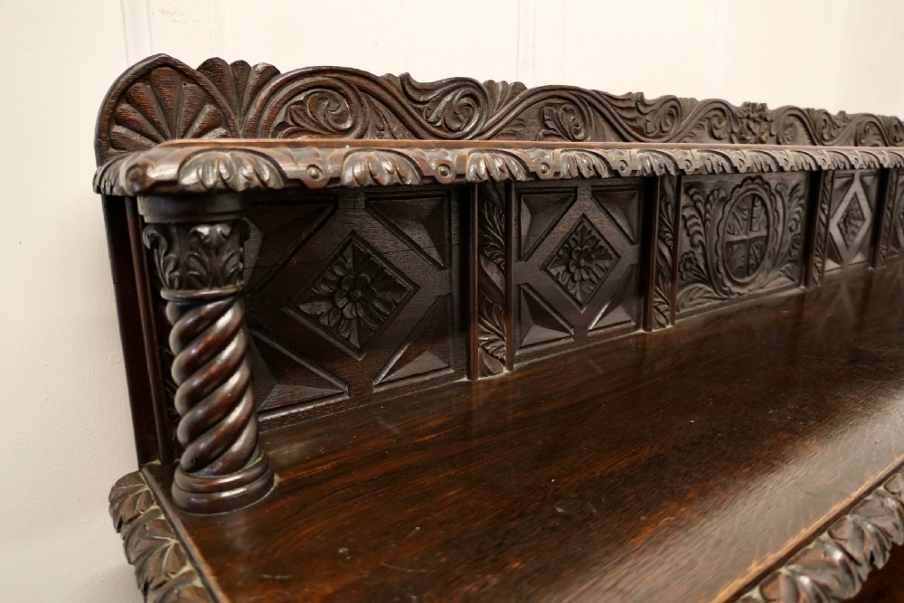 Long Carved Arts and Crafts Gothic Oak Open Book Case View VII