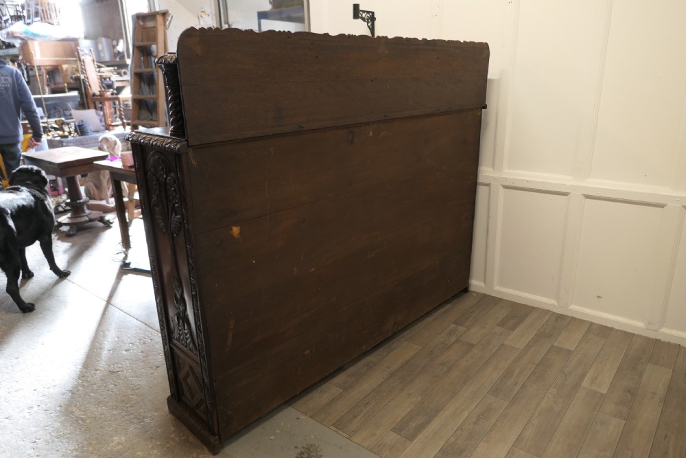 Long Carved Arts and Crafts Gothic Oak Open Book Case View IX
