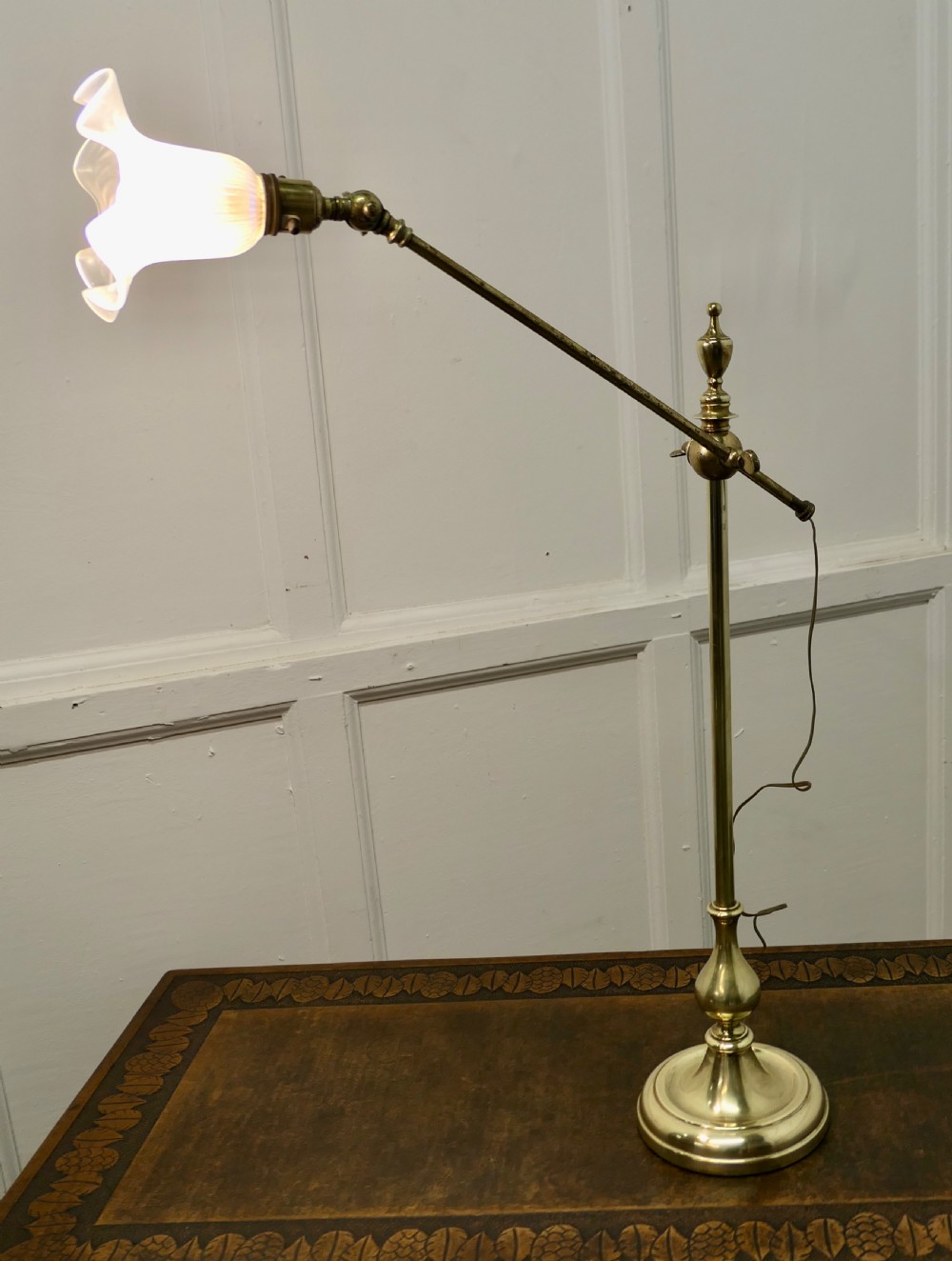 French Brass Desk Lamp with Opaline Glass Shade