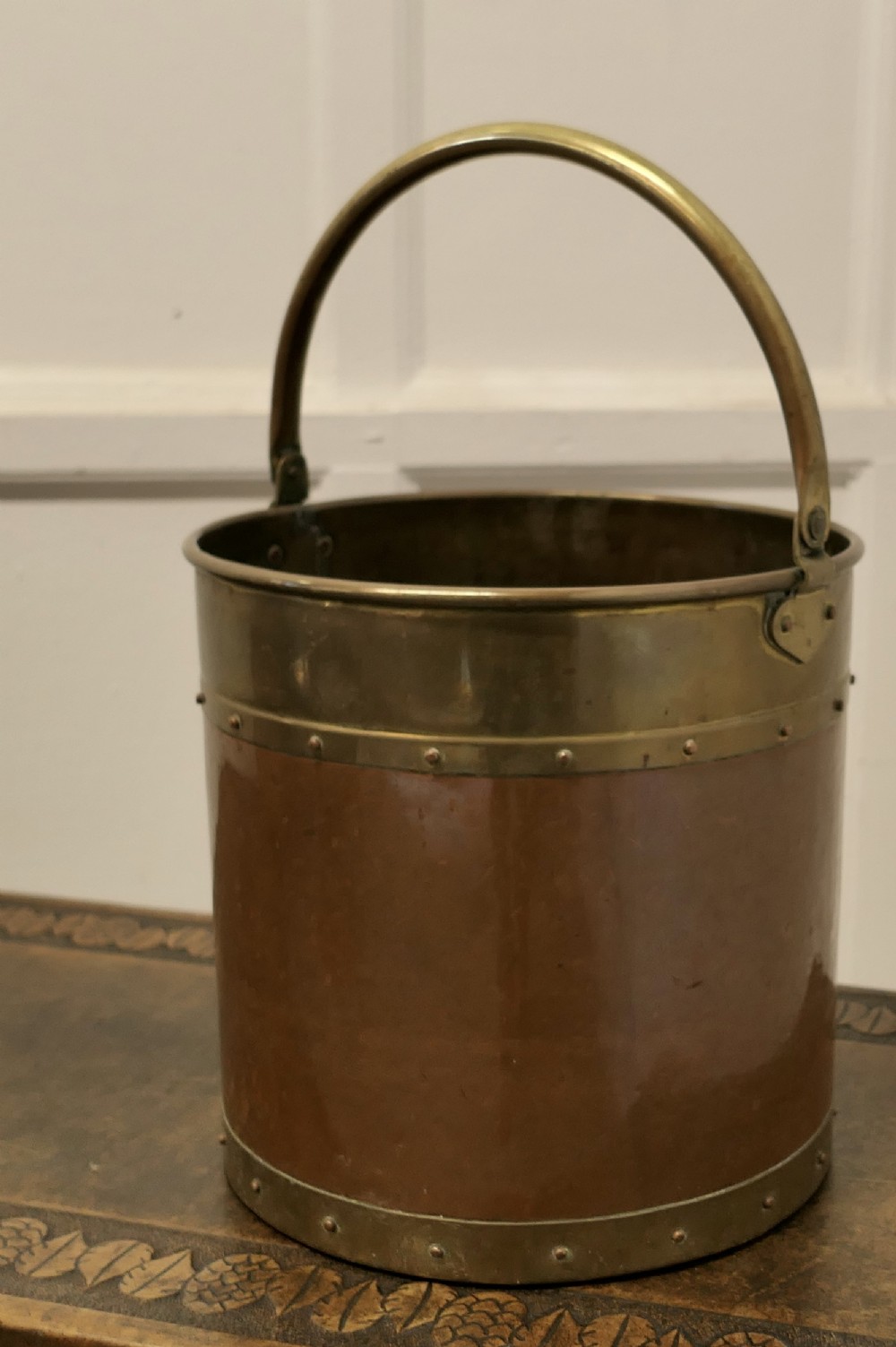 Riveted Copper and Brass Coal Bucket 