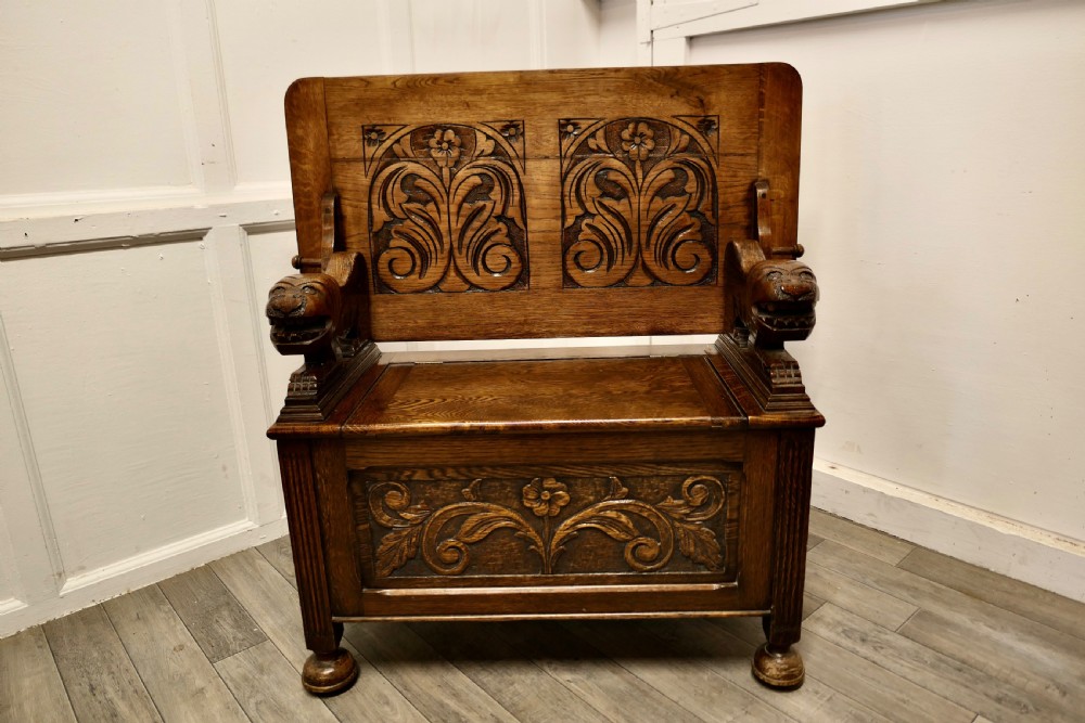 Arts and Crafts Carved Oak Monks Bench Settle, Hall Table