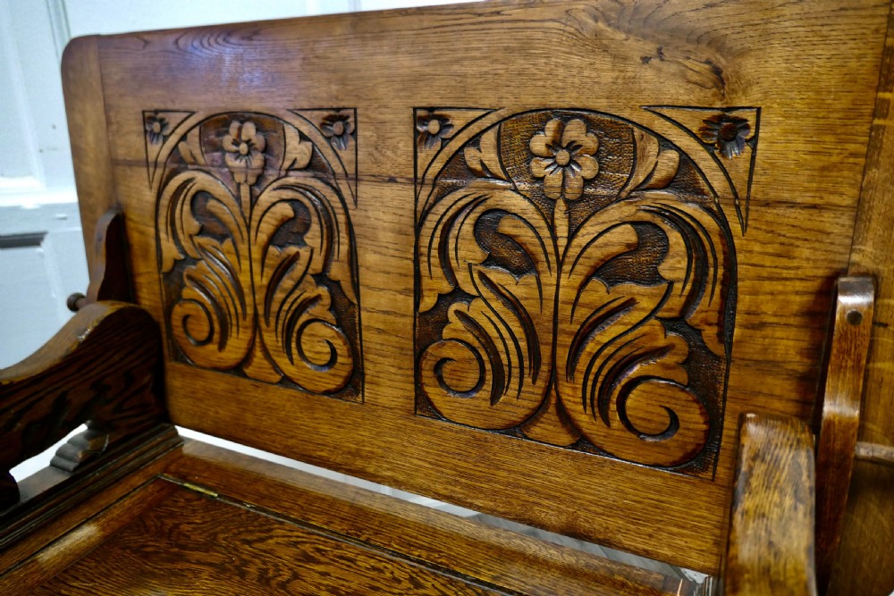 Arts and Crafts Carved Oak Monks Bench Settle, Hall Table View II