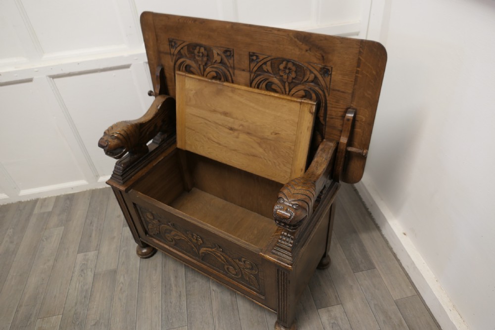 Arts and Crafts Carved Oak Monks Bench Settle, Hall Table View III