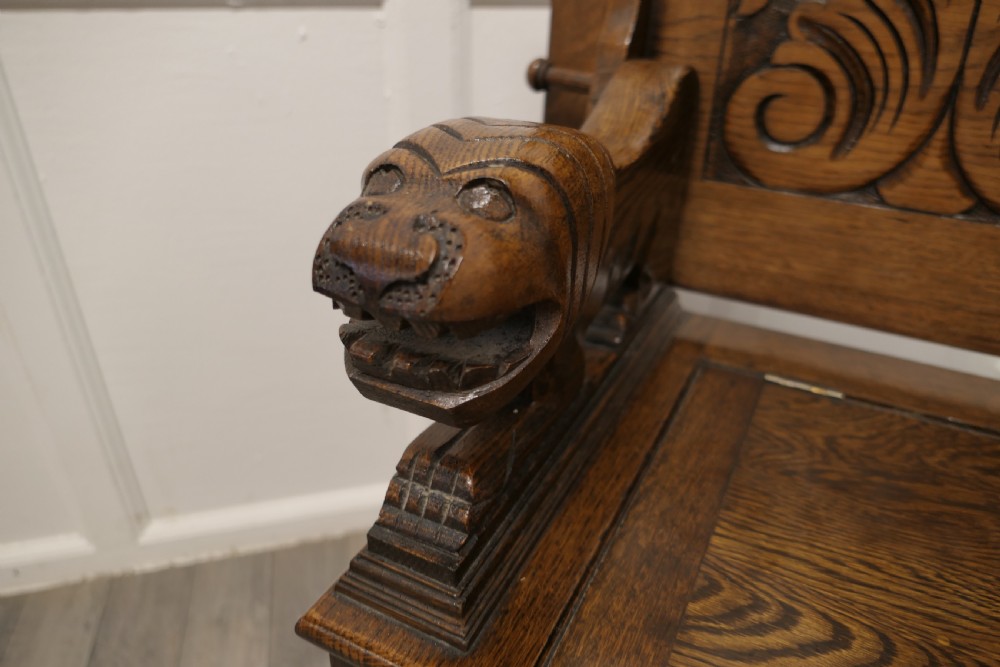 Arts and Crafts Carved Oak Monks Bench Settle, Hall Table View IV
