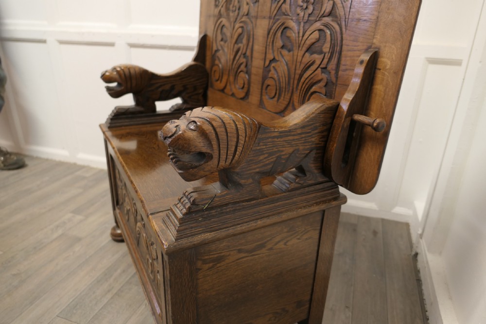 Arts and Crafts Carved Oak Monks Bench Settle, Hall Table View V