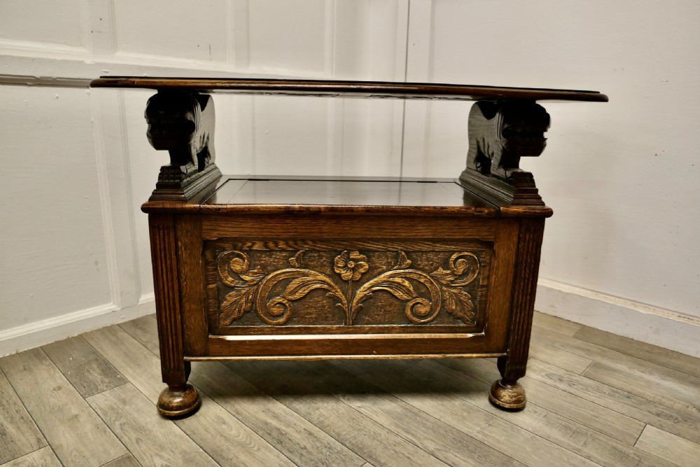 Arts and Crafts Carved Oak Monks Bench Settle, Hall Table View VI