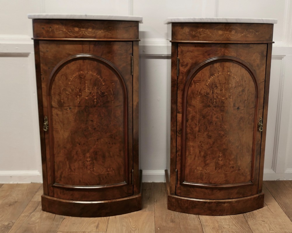 Pair of Mirror Veneer Burr Walnut and Marble Side Cabinets  