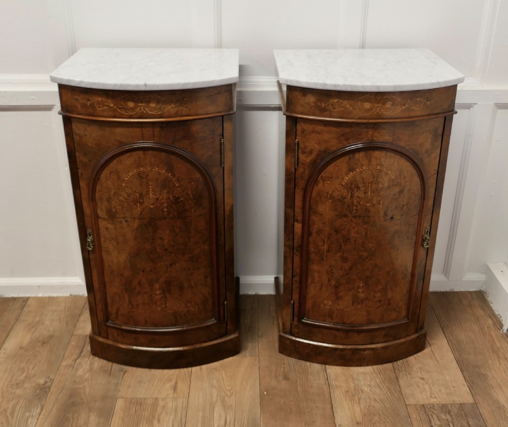 Pair of Mirror Veneer Burr Walnut and Marble Side Cabinets   View II