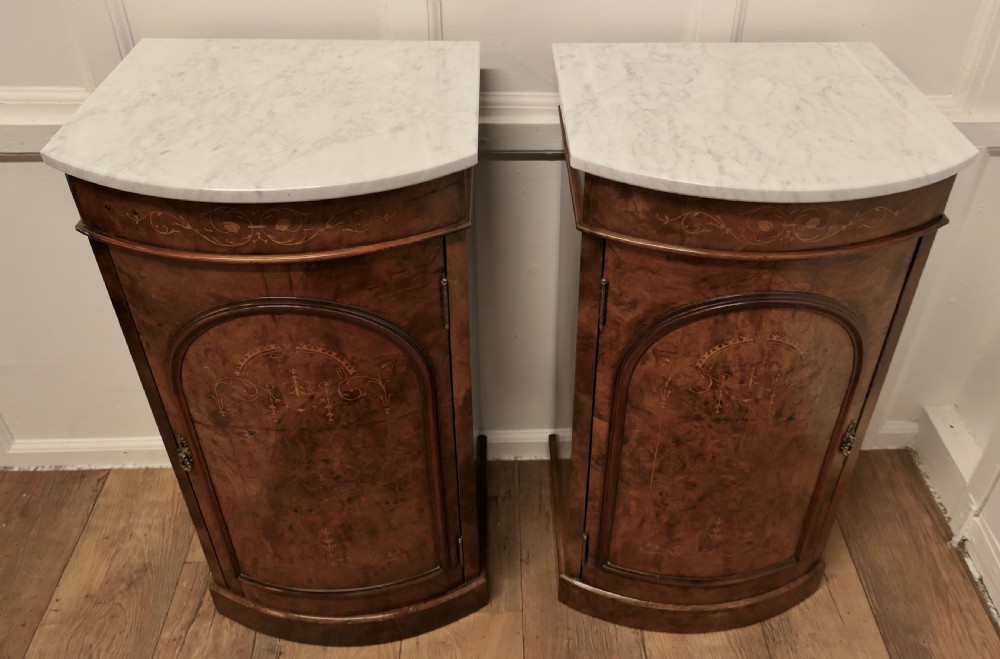 Pair of Mirror Veneer Burr Walnut and Marble Side Cabinets   View III