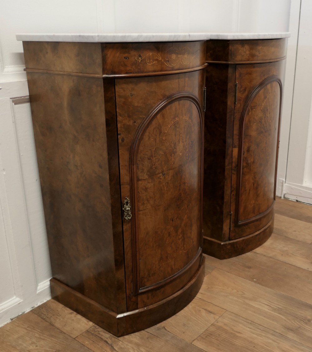 Pair of Mirror Veneer Burr Walnut and Marble Side Cabinets   View IV