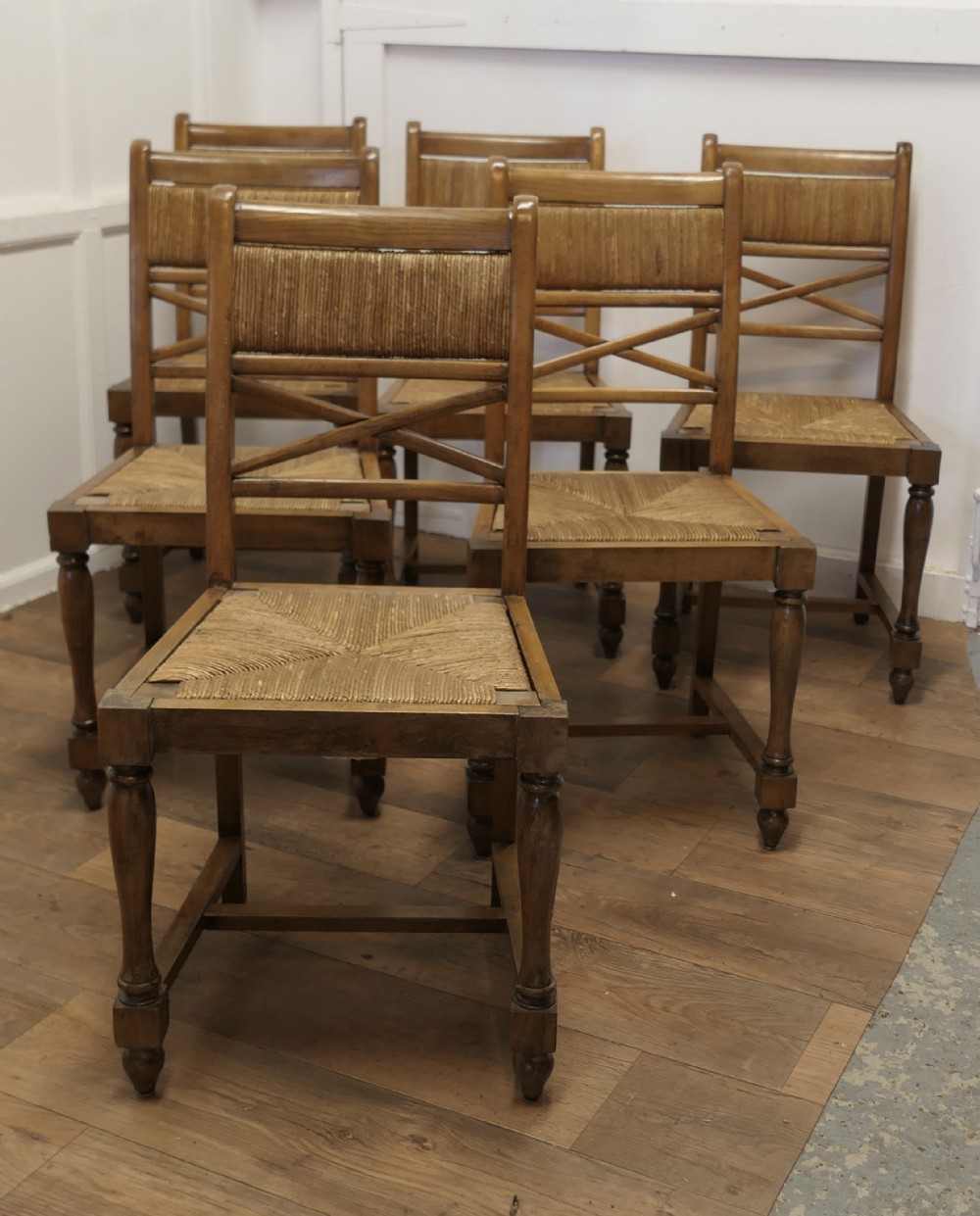A Set of 6 French Golden Oak Country Dining Chairs 