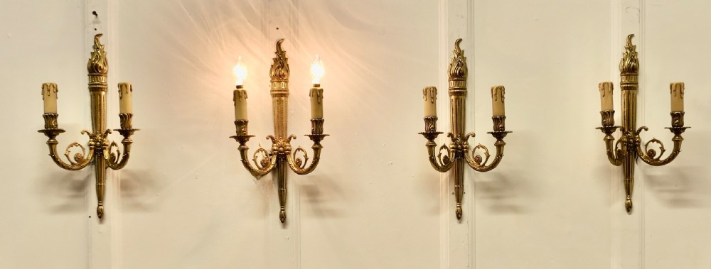 Set of 4 French Neo Classical Large Brass Twin Wall Lights