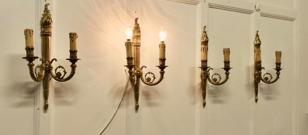 Set of 4 French Neo Classical Large Brass Twin Wall Lights View II