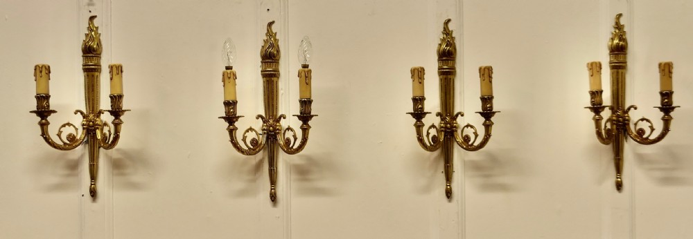 Set of 4 French Neo Classical Large Brass Twin Wall Lights View VII