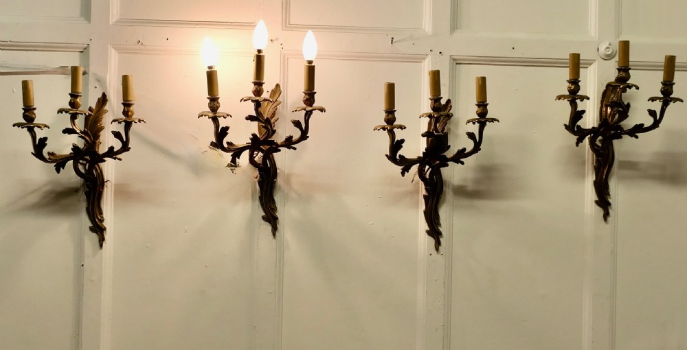 Set of 4 Large French Brass 3 Branch Wall Lights