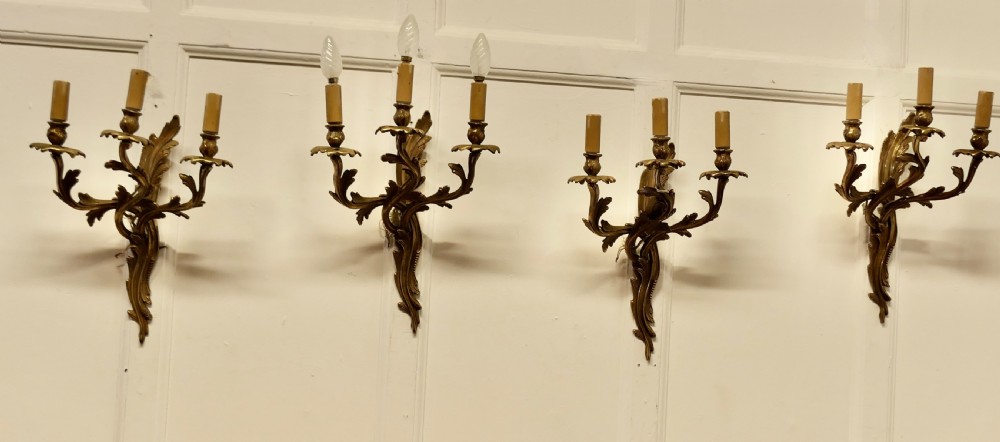Set of 4 Large French Brass 3 Branch Wall Lights View II