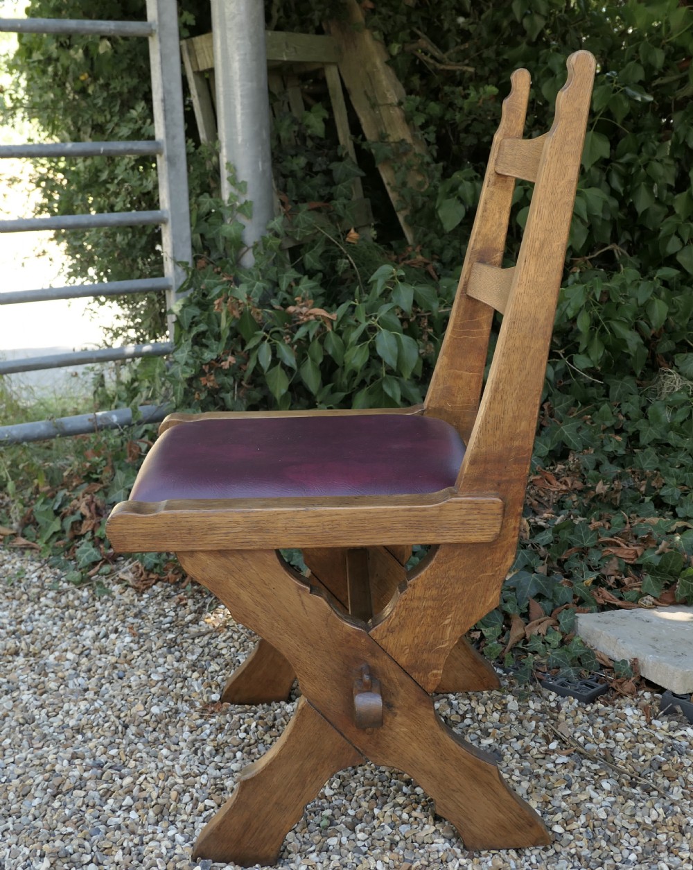 Set of 4 Golden Oak Arts and Crafts X Frame Refectory Dining Chairs View IV