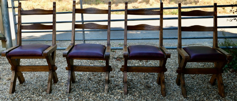 Set of 4 Golden Oak Arts and Crafts X Frame Refectory Dining Chairs View VI